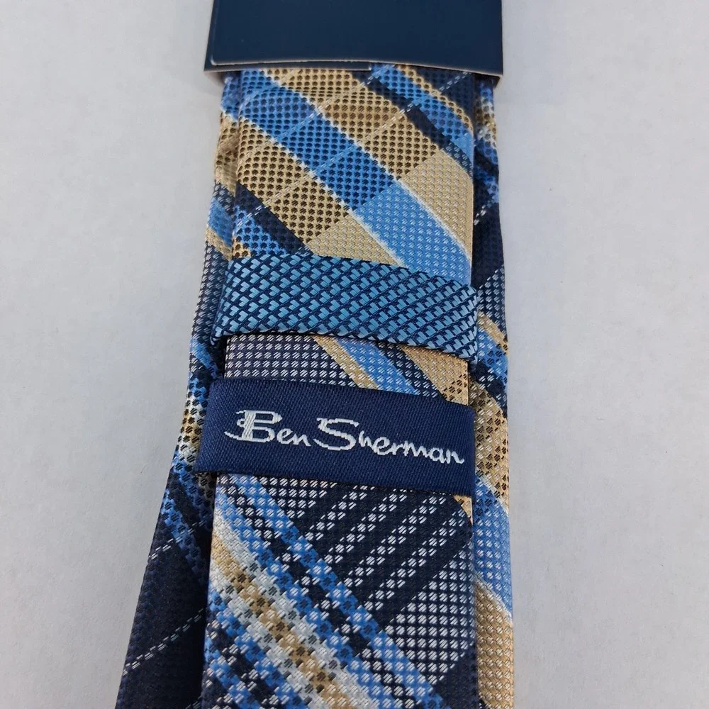 Ben Sherman Necktie Men OS Blue Tan Plaid Classic Woven Textured Polyester Tie